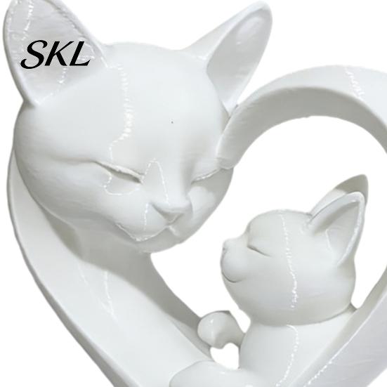 Cat Parent Child Ornament Mother Baby Figurine, 3D Printed Heart Sculpture for Desk Decor, Healing Gift Modern Art Statue Living Room Study,