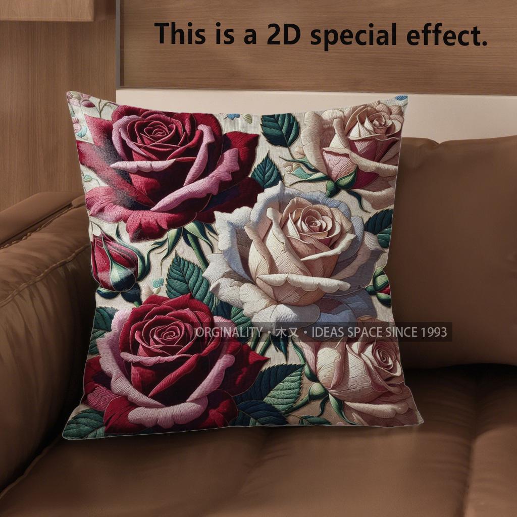 2D Vintage Rose Floral Throw Pillow Covers Pattern Cushion Cover Suitable For Sofa Bedroom Car Pillow Cover