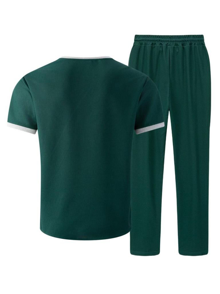 Men's Summer V-neck Waffle T-shirt & Long Pants Streetwear Sports Set
