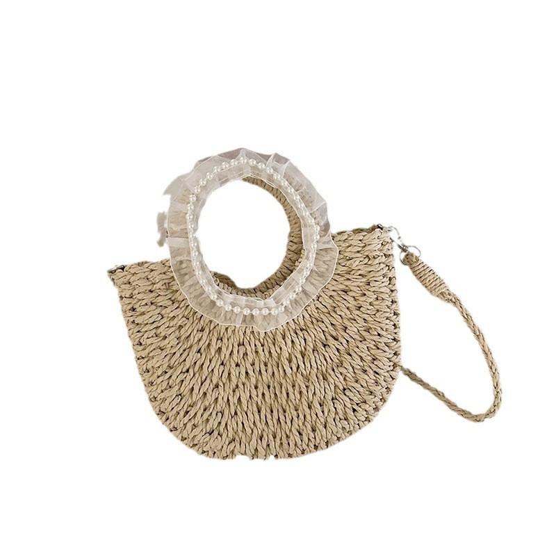 Adorable And Fashionable Woven Kids Handbag In White And Khaki Ideal For Preschoolers