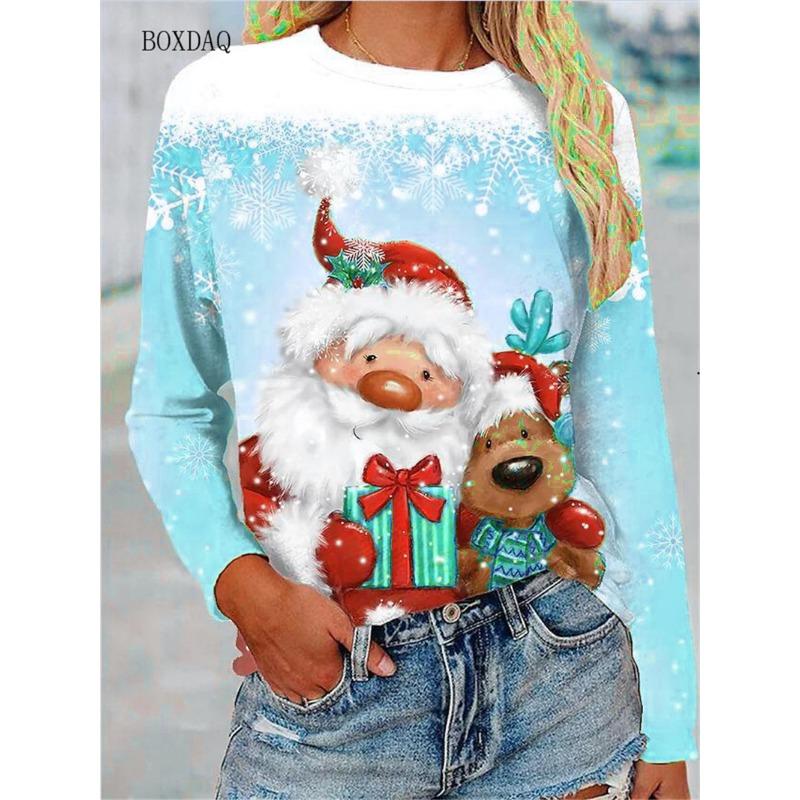 Big Size Women Clothing Christmas T-shirts Autumn Winter Long Sleeve 3d Santa Claus And Snowman Print Cartoon Cute Lady Tops