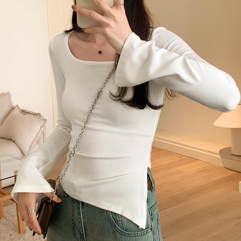Korean Style Simple Pure Desire Square Round Neck Long-sleeved T-shirt Women's Autumn Waist Slit Top Slim-fit Bell-sleeved Bottoming Shirt