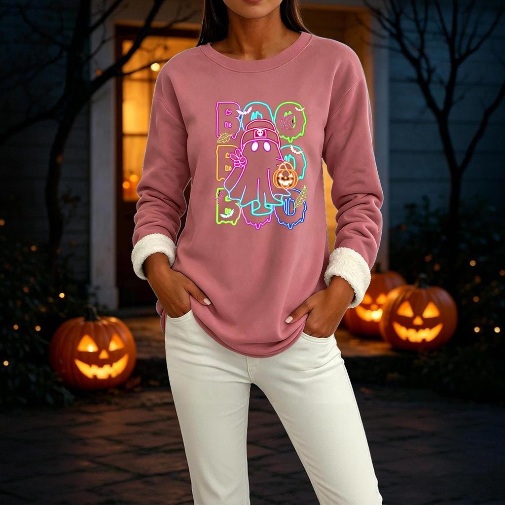 Women's Lined Long Sleeve Round Neck Halloween Sweatshirt Winter Casual Top