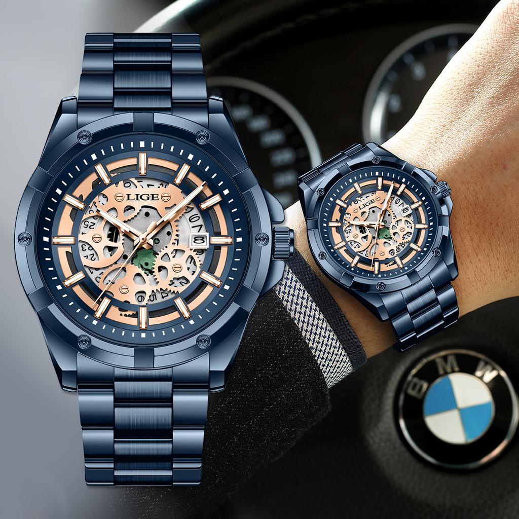 Mens Quartz Watches Top Brand Luxury Stainless Steel Waterproof Hollow Out Male Wristwatches