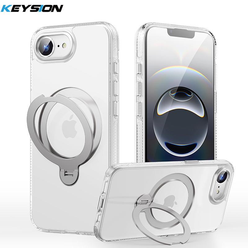 

KEYSION Чехол-подставка с магнитным кольцом, вращающимся на 360°, для MagSafe для iPhone 16 Pro Max 16 Plus 16e, матовый прозрачный противоударный чехол для телефона for iPhone 16e чистый