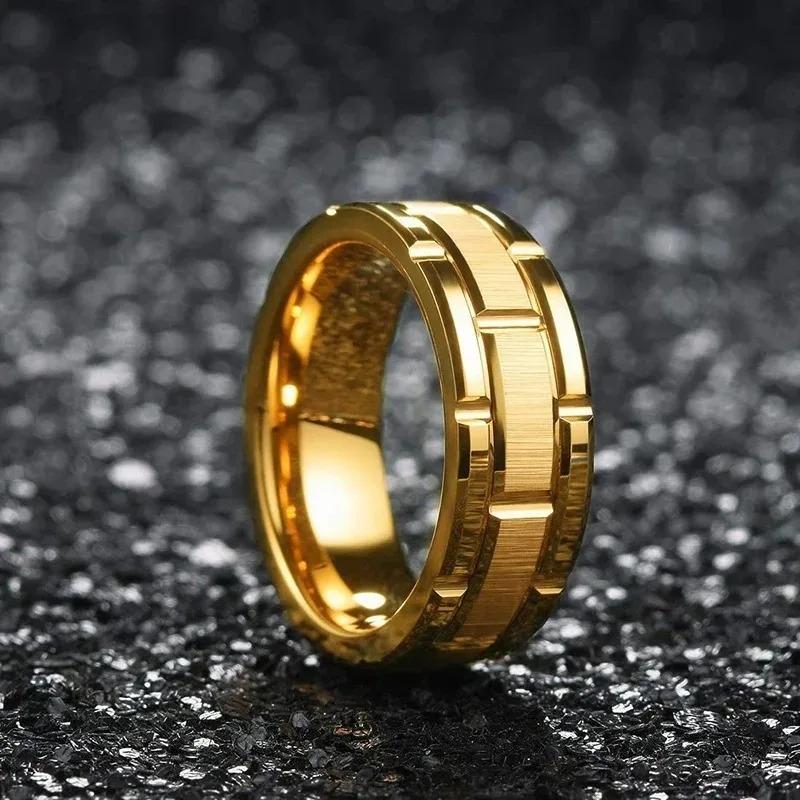 Modern 8MM Men Stainless Steel Rings For Women Gold Color Brushed Double Groove Pattern Rings Men's Wedding Party Jewelry Gift