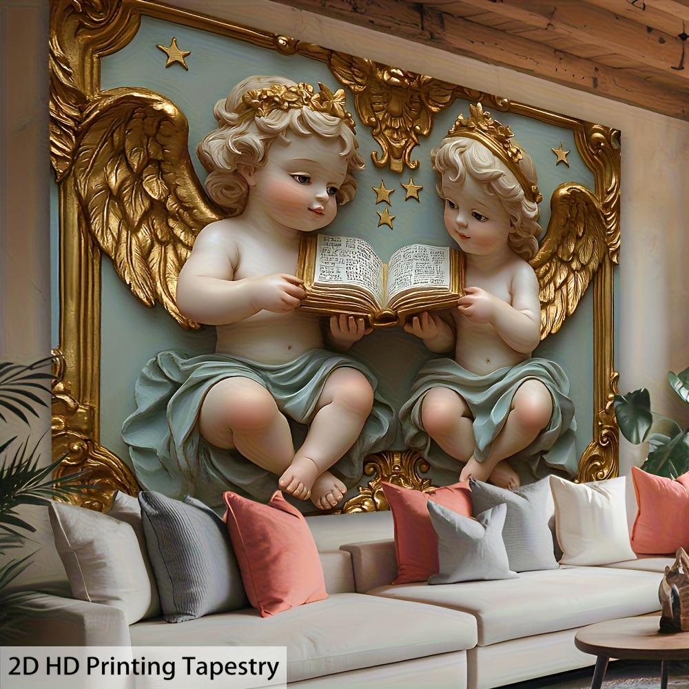 Angel Statue Tapestry, Twin Cherubs with Golden Wings Reading Book, Relief Style Wall Hanging for Living Room Bedroom Decor