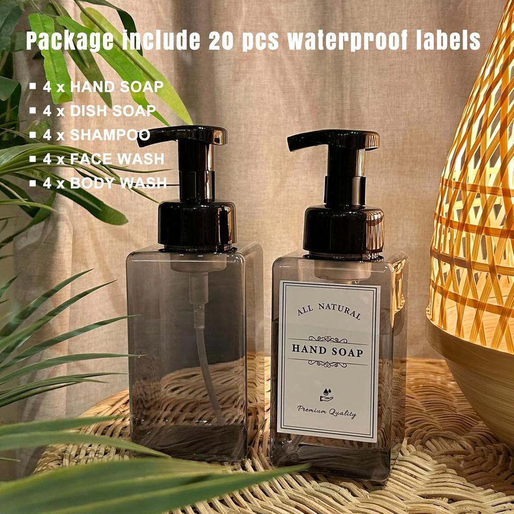 Foaming Soap Dispenser, 4 Pack Refillable Foam Soap Dispenser (Dark Grey) with 20 Pcs Waterproof Labels, Plastic Hand Soap Dispenser Pump Bottle