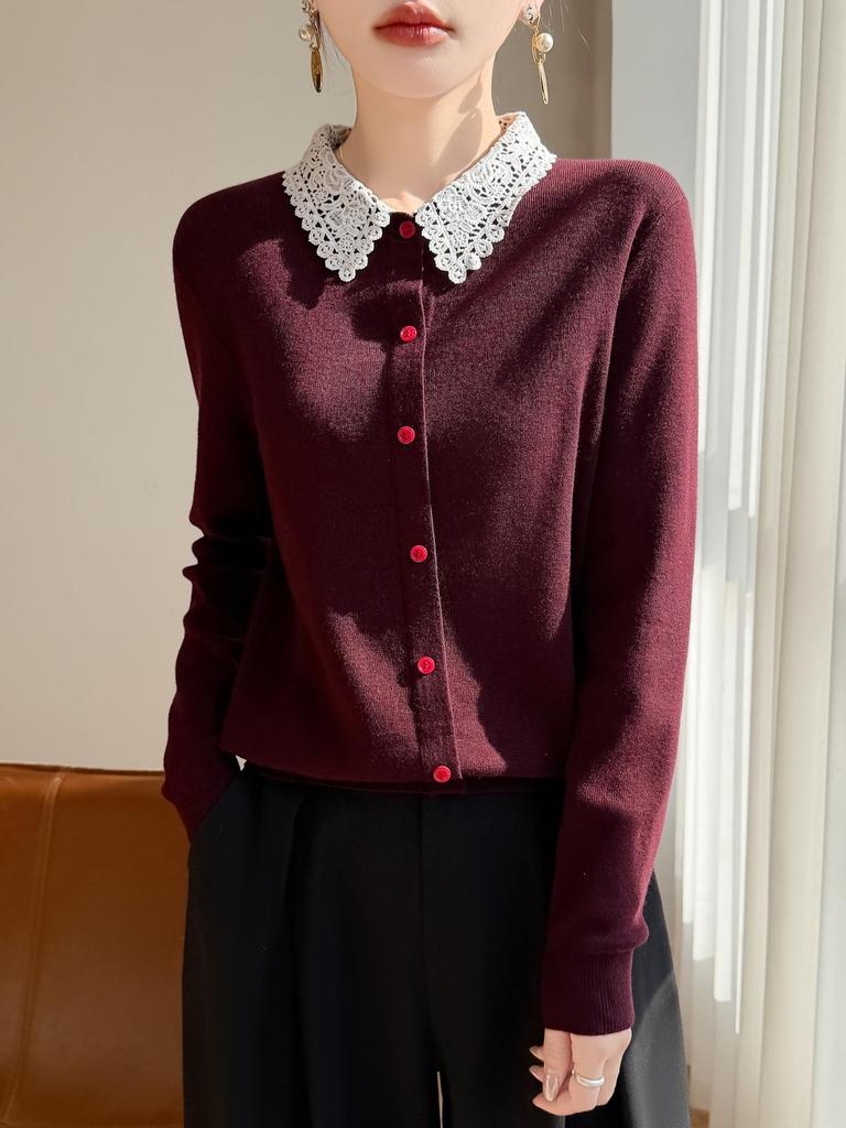 Lace Collar Color Block Patchwork Wool Knit Slim Fit Cardigan for Autumn/Winter