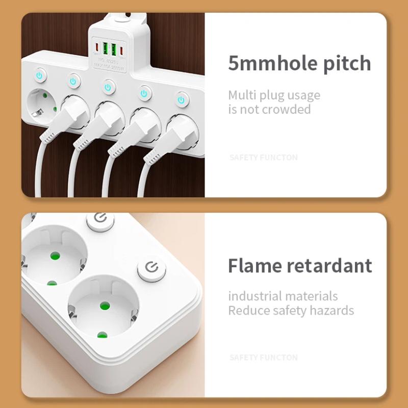 EU Power Strip – 5 AC Outlets with Independent Switches, Optional USB/Type-C