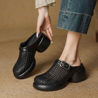 Height-increasing Thick-soled Bag Head Half Slippers Women's Outer Wear 2025 Summer New Muffin Woven Silver Hole Roman Sandals