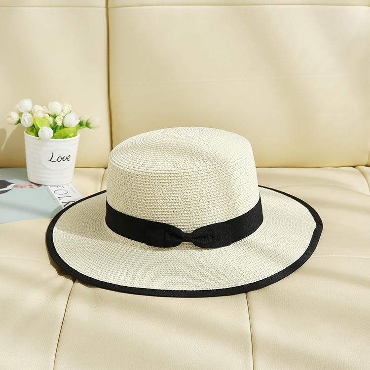 Flat Top White Straw Hat Female British Beach Hat Sunscreen Versatile Hemming Top Hat Seaside Travel Vacation Hat Travel