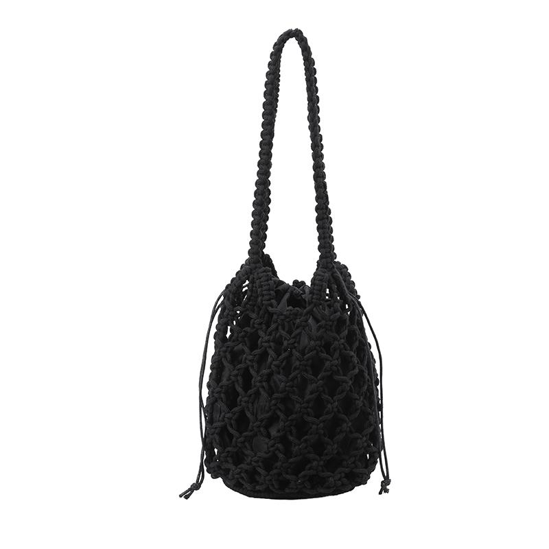 

Women s Hand-Woven Net Bucket Bag Female Solid Color Crossbody Bags 2026 Summer New Beach Casual Fashion Handbags and Purses 25cmx12cmx12cm чёрный