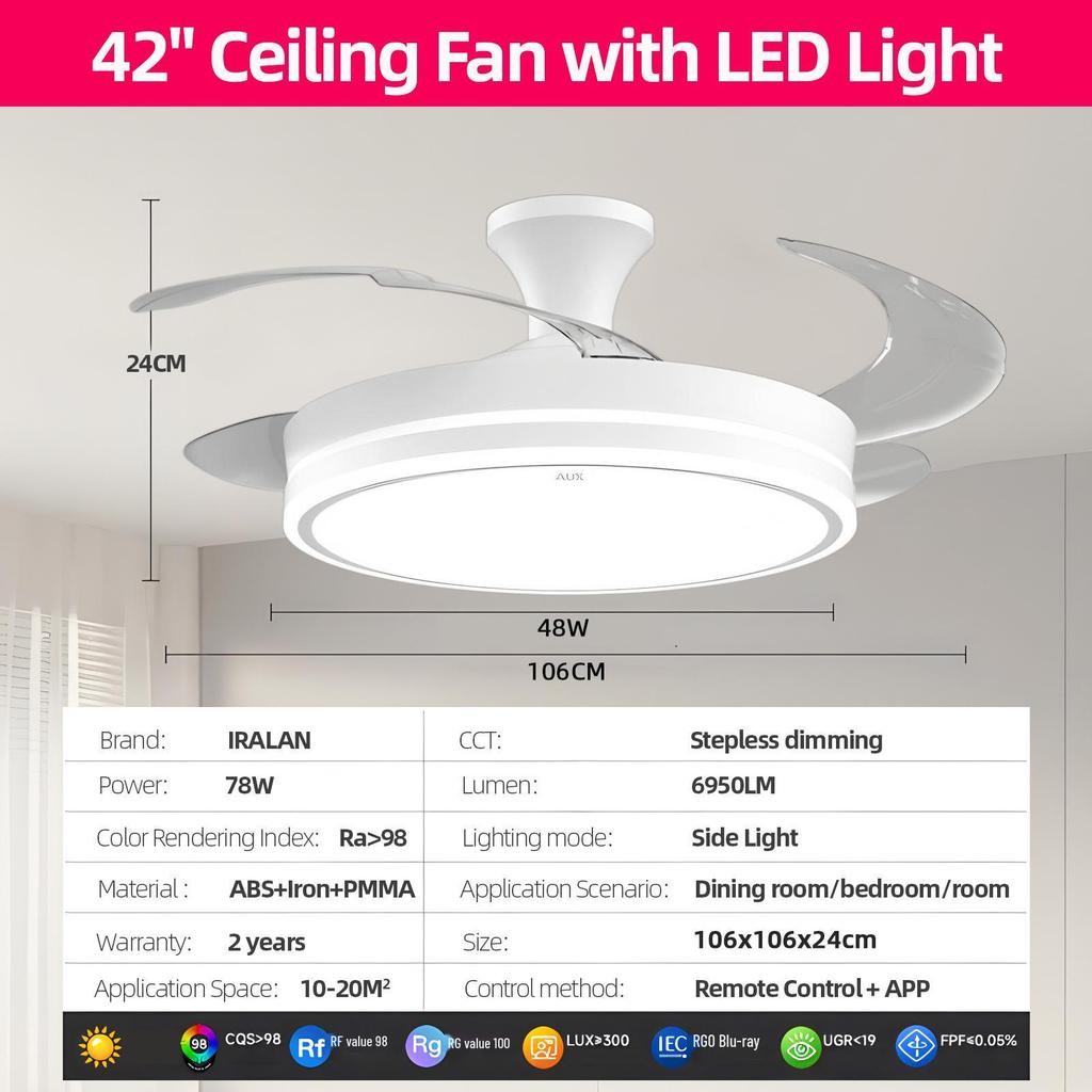 2026 Invisible Ceiling Fan Light with Integrated LED Chandelier for Living Room