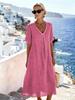 2026 New Casual Spring/Summer V-Neck Short Sleeve Loose Long Dress - Solid Color Cotton Linen