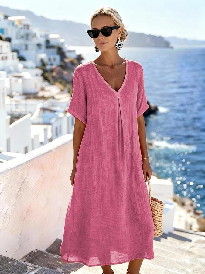 2026 New Casual Spring/Summer V-Neck Short Sleeve Loose Long Dress - Solid Color Cotton Linen