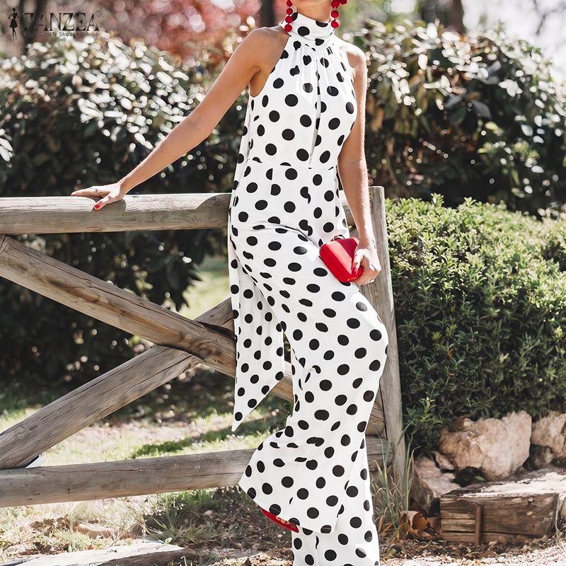 ZANZEA Tute lunghe da donna eleganti senza maniche con spalle scoperte e stampa pois