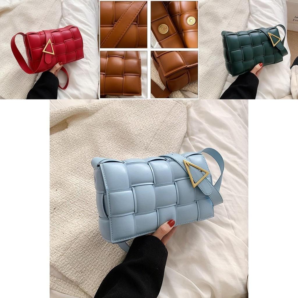 Stylish Pu Leather Women Shoulder Bag Plaid Woven Square Hand Chain Bag Gift