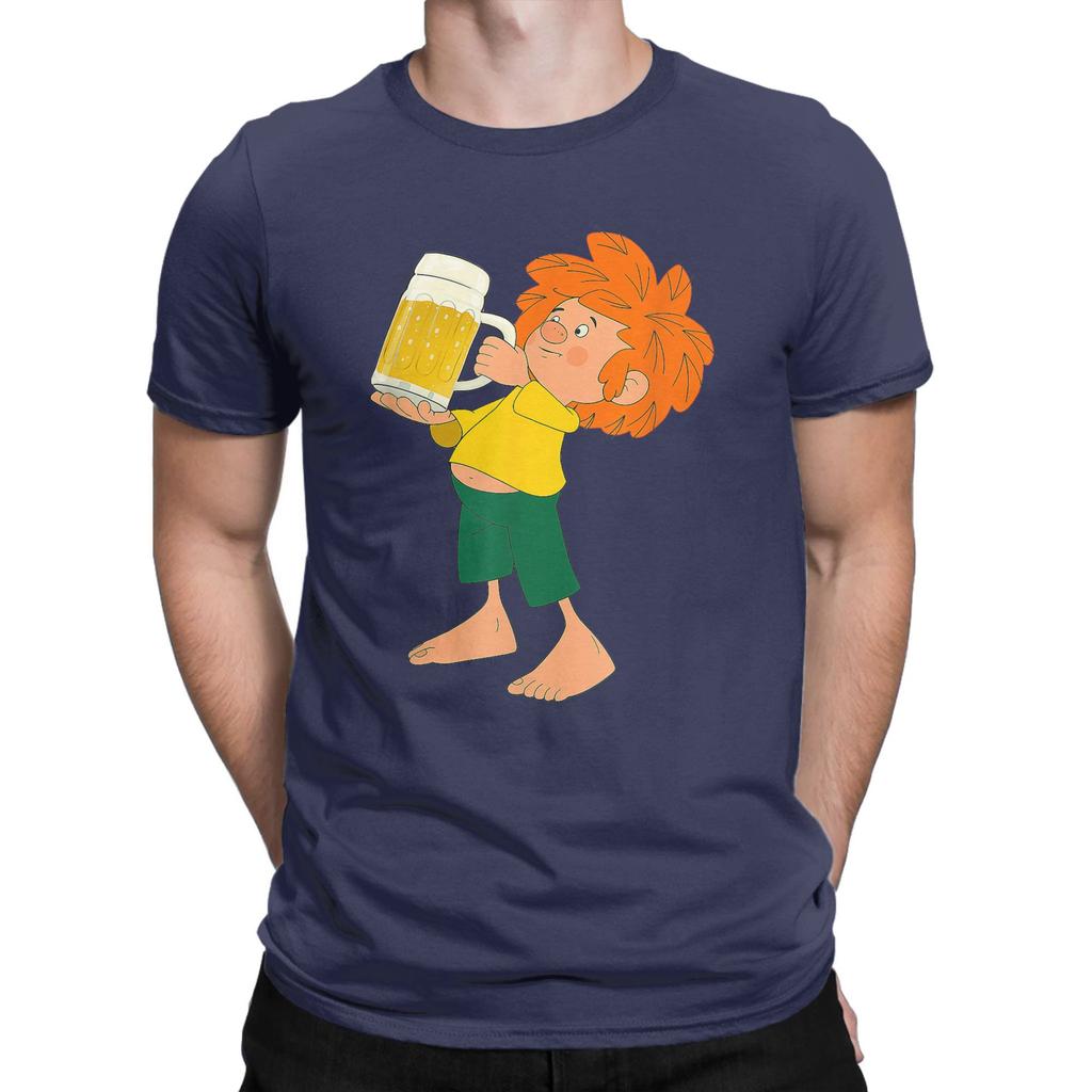 Men T-Shirt Pumuckl Drinks Beer Vintage Pure Cotton Tee Shirt Short Sleeve Anime Cartoon T Shirts Crew Neck Clothing Plus Size