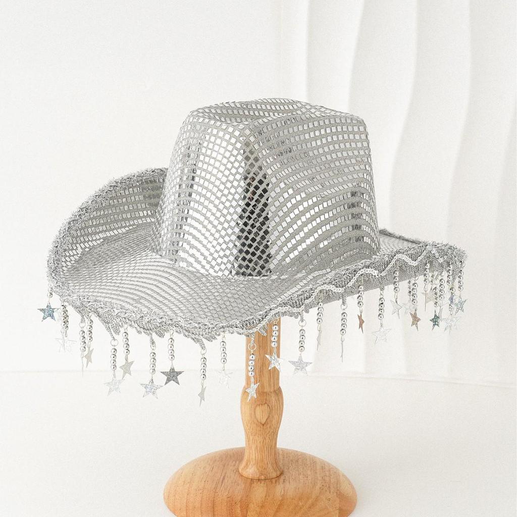 Unisex Sequin Tassel Star Cowboy Jazz Hat with Wide Brim