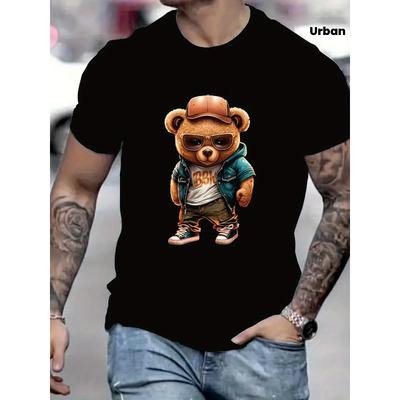 Taglie Europee T-shirt Nera a Maniche Corte da Uomo, Streetwear Trendy con Orso Cartone Animato Cool in Occhiali alla Moda e Stampa Giacca di Jeans