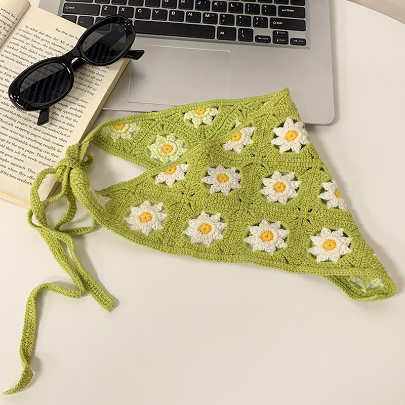 Spring and Autumn Sweet and Cute Wind Handmade Knitted Headband Female Personality Crochet Literary Style Triangle Scarf Headscarf