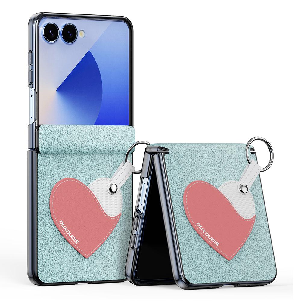 

DUX DUCIS Luvy Series For Samsung Galaxy Z Flip7 5G Case PU Leather+PC Phone Case with Ring Holder/Strap Cyan Blue Heart