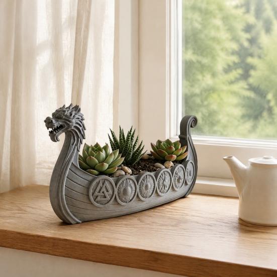 Zahradní Balkonová Rostlinná Dekorace Viking Longship Květináč, Dračí Loď Vnitřní Držák na Kaktusy Dekorativní Vzdušný Květináč Vzdušné Rostliny, Rustikální Severský