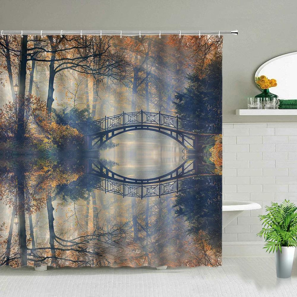 Hot Sale Natural Landscape Wooden Bridge Waterfall Shower Curtain Set Spring Scenery Green Forest 3d Waterproof Hanging Curtains