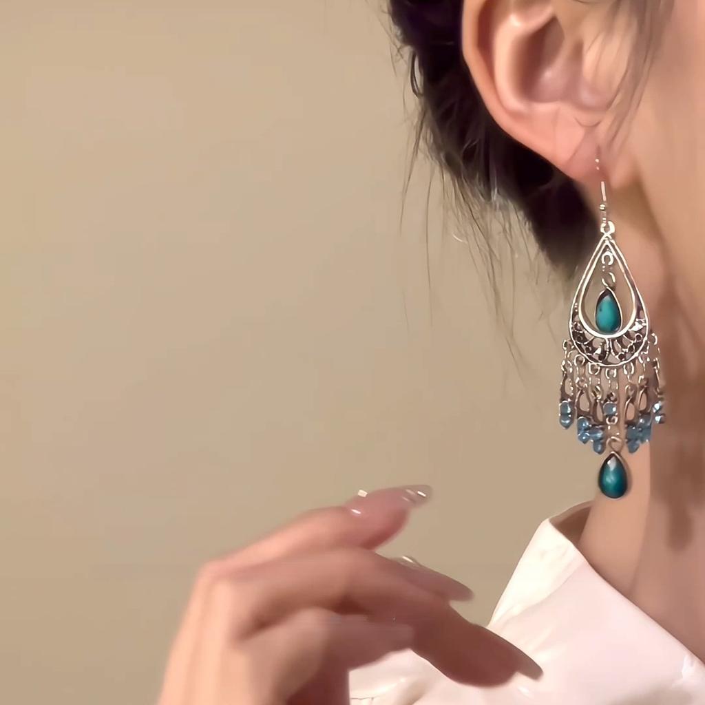 Bohemian diamond-set water drop fringed ear hook retro ethnic style earrings niche high-end fashion temperament earrings