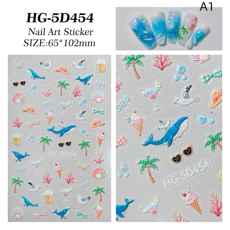Summer Beach Jellyfish Nail Stickers Colorful Shell Starfish Conch Fish Adhesive Embossed Decals Manicure Foils for Decor