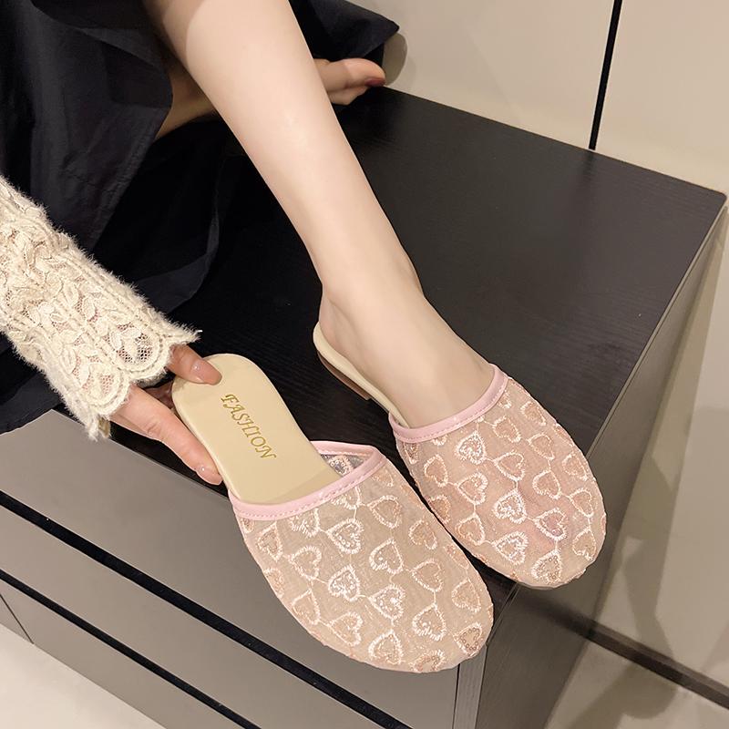 Fashion Baotou Slippers Summer New Round Head Deep Mouth Mesh Cloth Breathable Embroidery Soft Sole Non-slip Flat Shoes
