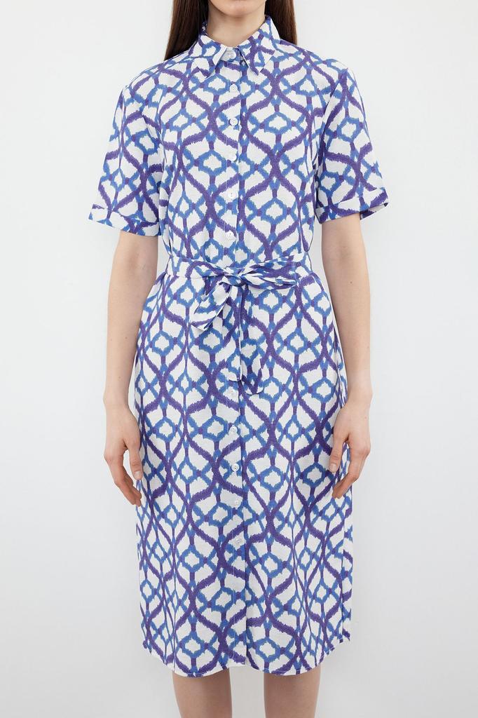 Women's Style Dress Blue Belted Midi Woven Shirt Dress
