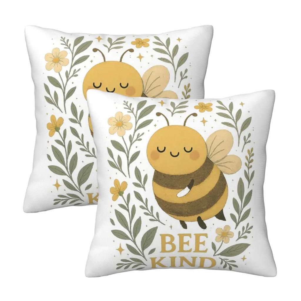 Bee Kind Cute Bumblebee Floral With Gentle Kindness Quote 2 Pcs Square Pillowcase Pillow Cover Cushion Throw Pillow For Home Car