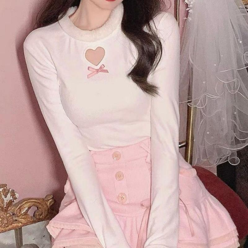 2KWEIRD Y2k Αισθητικότητα Καρδιά Κοίλη Μπλουζάκια Casual O Λαιμό Πατς Φιόγκος Λεπτά Μπλουζάκια Femme Φουσκωτά Μανίκια Kawaii Γλυκά Harajuku Τοπ