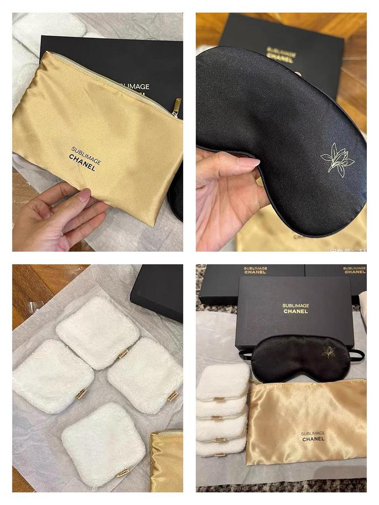 SUBLIMAGE CHANEL Set da Viaggio Bellezza, Mascherina da Notte in Raso, Astuccio Cosmetico e Asciugamano Viso in Scatola Regalo, Accessorio Bellezza Marca di Lusso