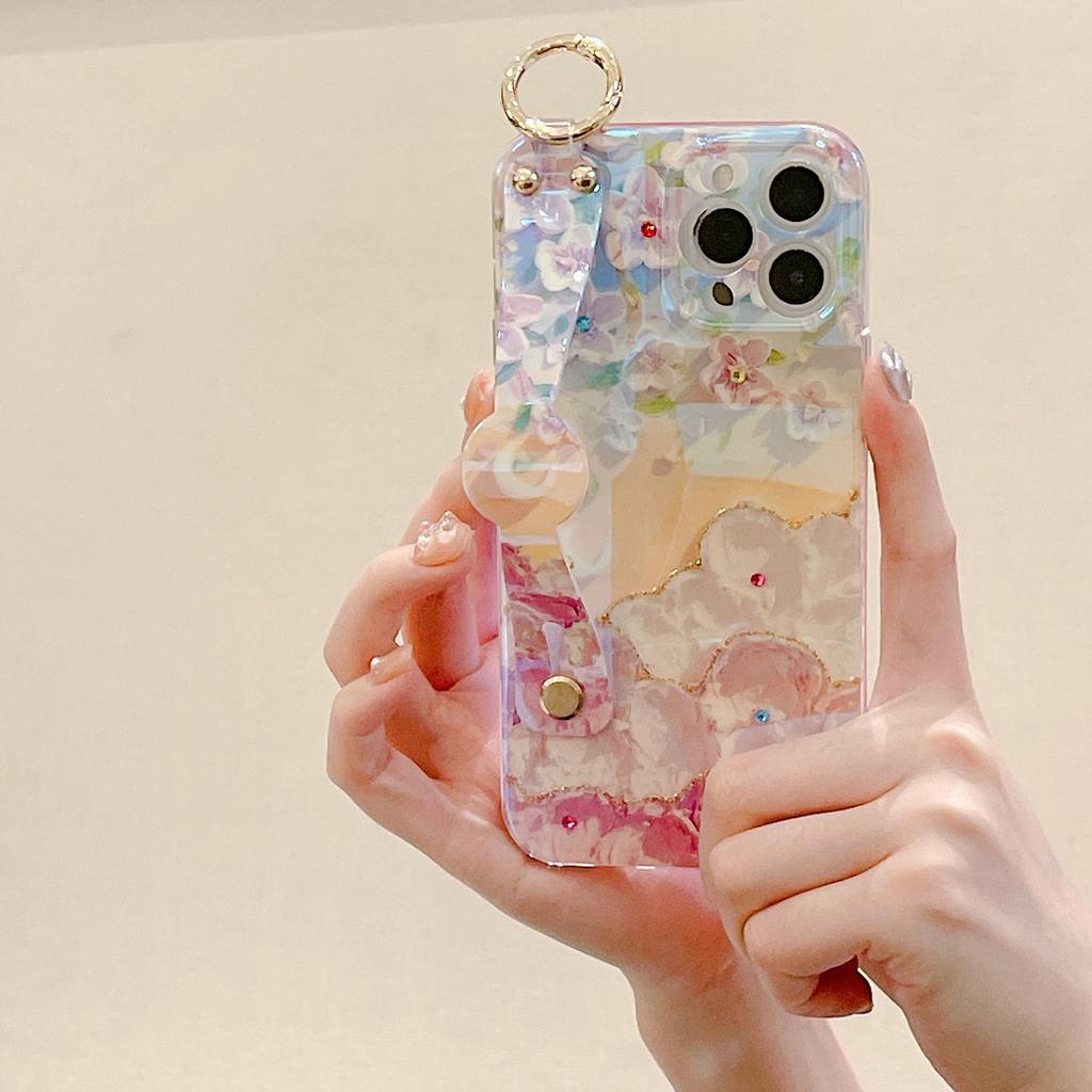 Applicable To Xiaomi 13lite Blue Light Rhinestone Mobile Phone Case Oil Painting Flower Red Rice Note12 Wrist Strap Bracket Crossbody