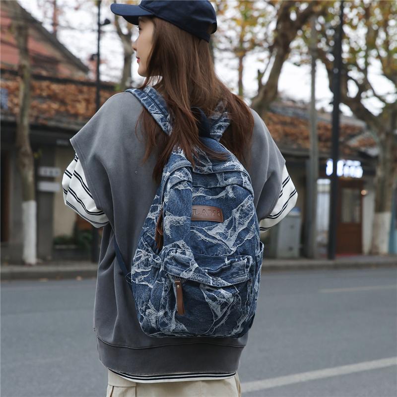 Denim Camouflage Backpack Casual Style Unisex School Bag Fashionable Travel Rucksack