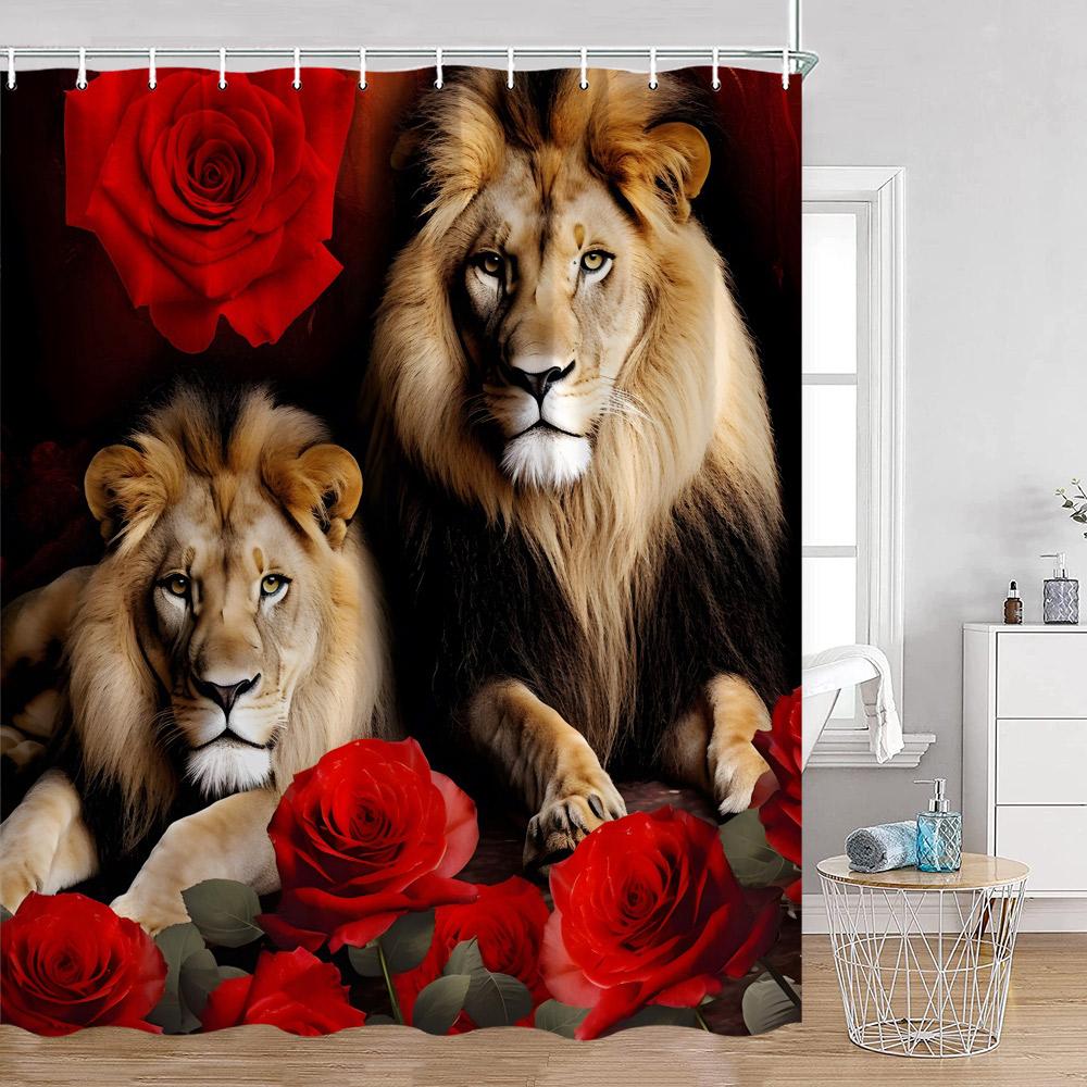 Wild Animals Shower Curtains Lion Tiger Giraffe Roses Bathroom Decorations Modern Fashion Polyester Bath Curtain with Hooks