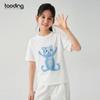 Girls' White Cartoon Cat Loose-Fit Round Neck T-Shirt