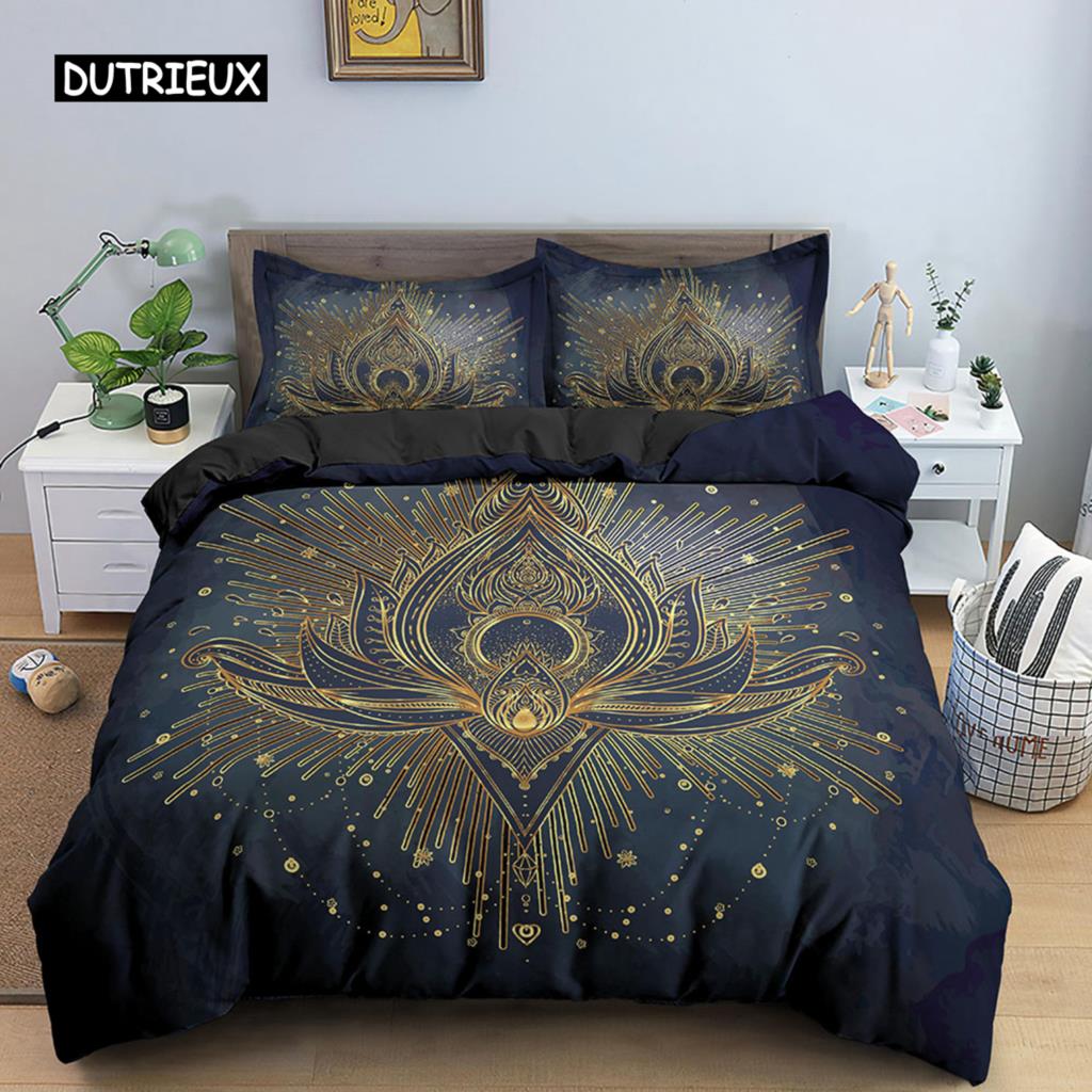 

Комплект постельного белья «Лотос» с рисунком «Мандала Лотос» для двоих, экзотический стиль «Бохо» для подростков, пододеяльник из микрофибры размера «queen-king-size» EU single(135x200cm)