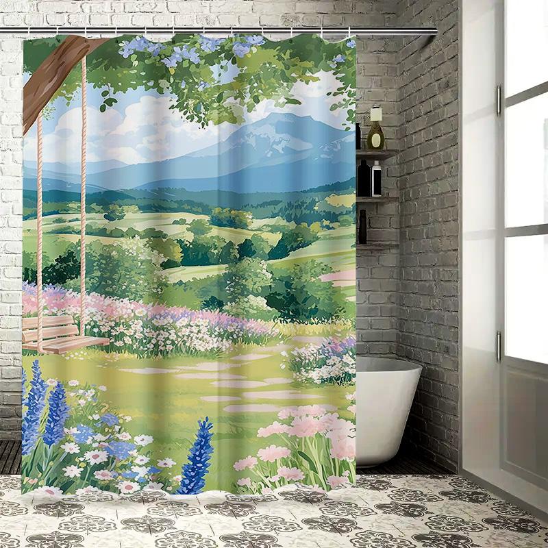 Scenic Landscape with Swing Waterproof Shower Curtain Heat Resistant Machine Washable Non-Transparent 180x180cm