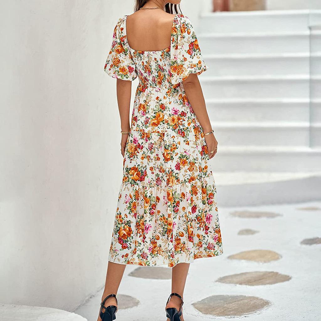 Women's Fashion Floral Square Collar High Waist Hollow Bubble Short-sleeved Back Pleated Printed Dress