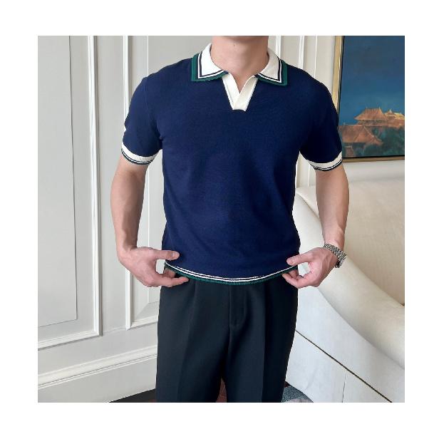 

2025 Деловой Кэжуал Высококлассный Топ с Воротником Модный Бренд Летняя Рукав до Локтя Отложной Воротник Рубашка Поло Футболка с Коротким Рукавом 3XL сапфир синий