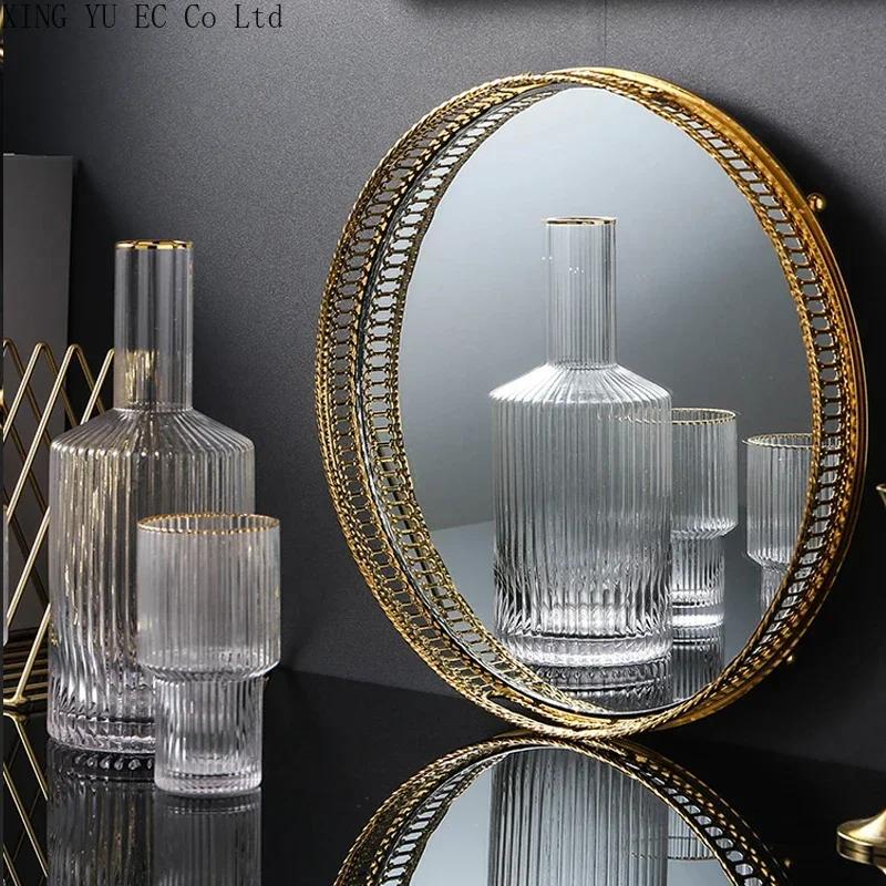 Rectangular Glass Mirror Tray European-style Simple Metal Coffee Table Tray Round Hollow Gold Rim Decorative Plate Ornaments