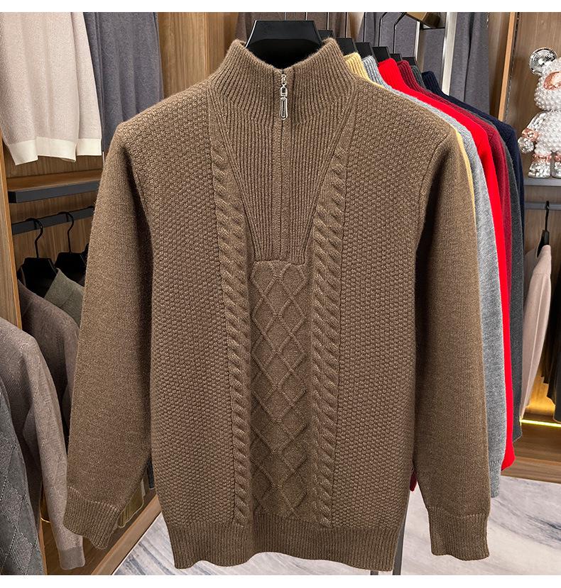 Zimní pletený svetr s půlzipem a vysokým límcem 2025 - Teplý jednobarevný svetr pro střední věk i mladé