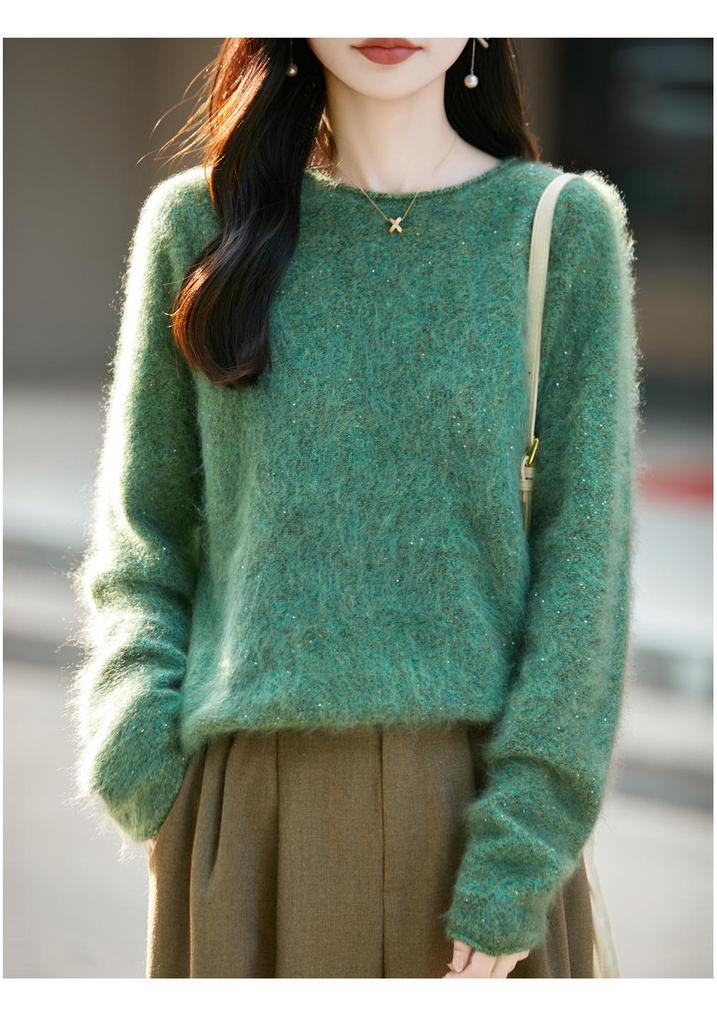 Women's Plus Size Korean Style Marled Yarn Cashmere Wool Sweater - Loose Fit, Brushed, Round Neck