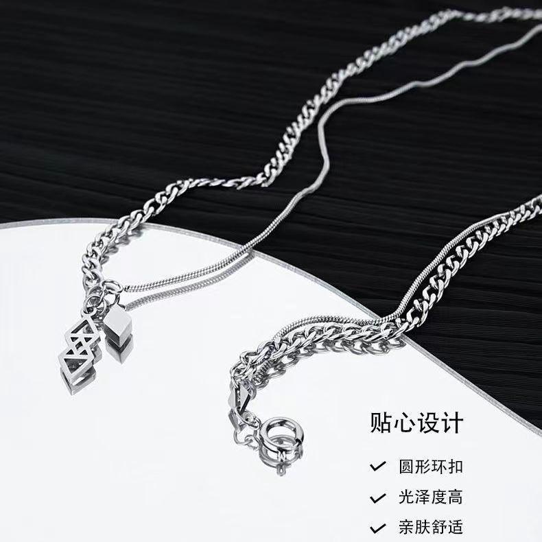 Rhombus-shaped pendant necklace, long style, round beads, simple stainless steel, couple's collar chain