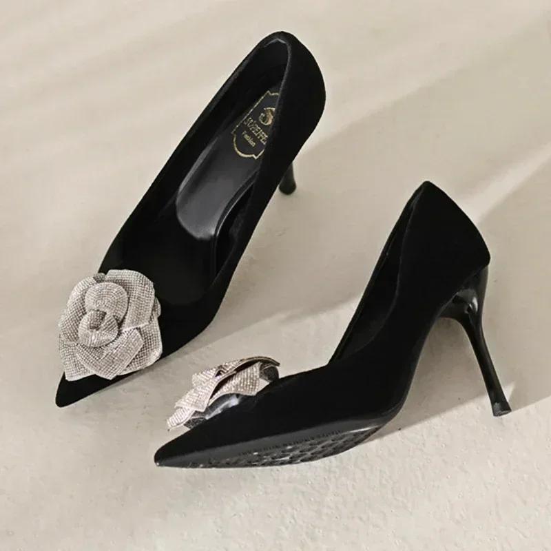 Fashion Elegant Rhinestone Flowers Decorated Brand High Heels Women High Quality Satin Pointed Toe Slide Sandal Fashion Party Dress Shoe