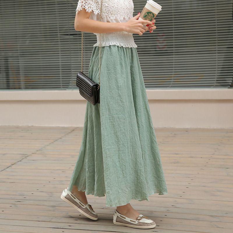 Solid Color Elasticwaist LooseA-Line Skirt Pure Color Elastic Waist Loose Long Dress